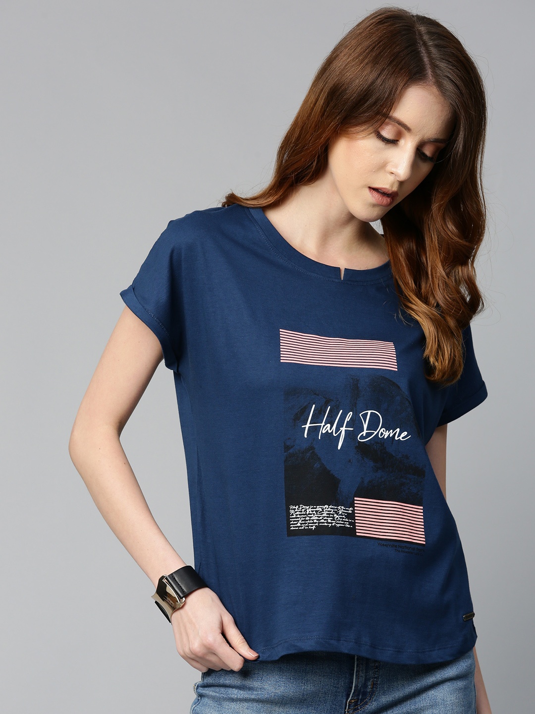 

Roadster Women Navy Blue Pink Printed Round Neck Pure Cotton T-shirt