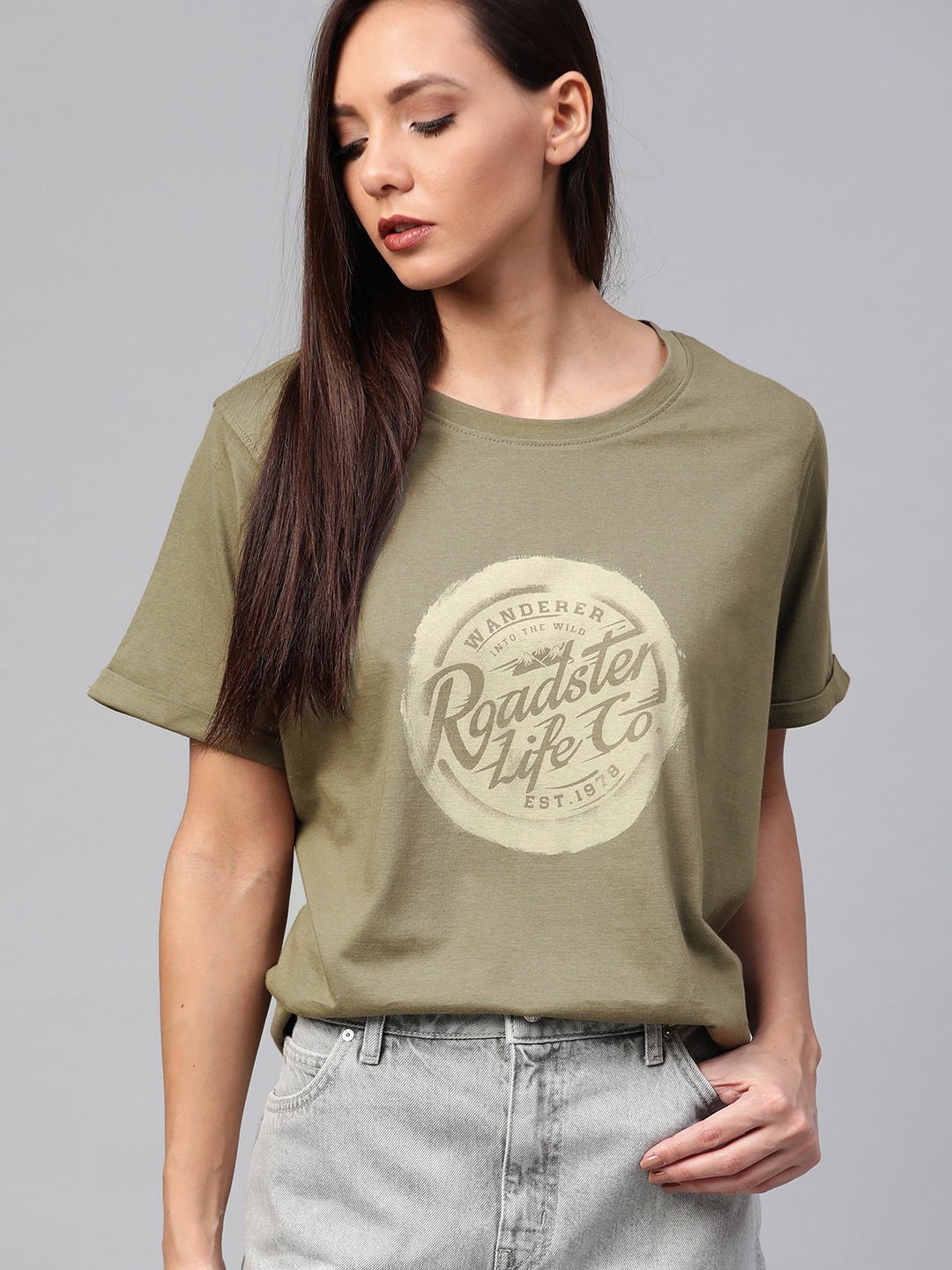 

Roadster Women Olive Green Brand Logo Printed Round Neck Relaxed Fit Cotton T-shirt