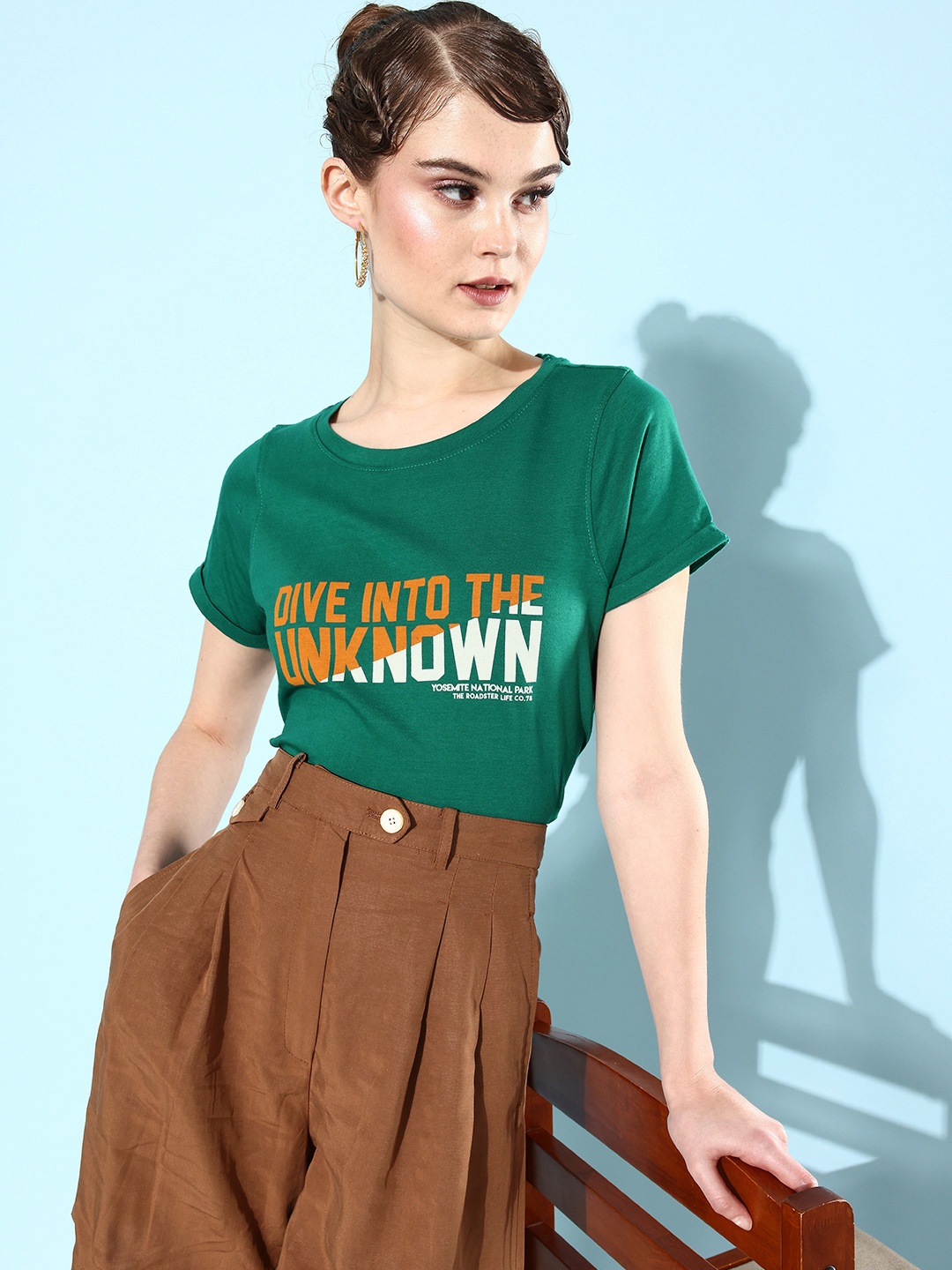 

The Roadster Lifestyle Co. Women Teal Green Pure Cotton Foraging Offgrid Graphics T-shirt