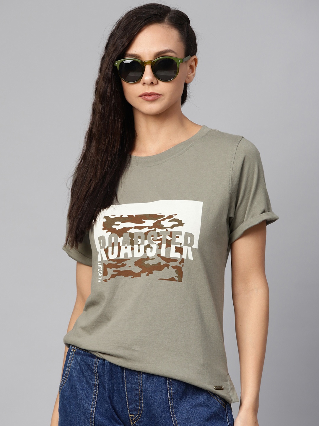 

Roadster Women Green Printed Round Neck T-shirt