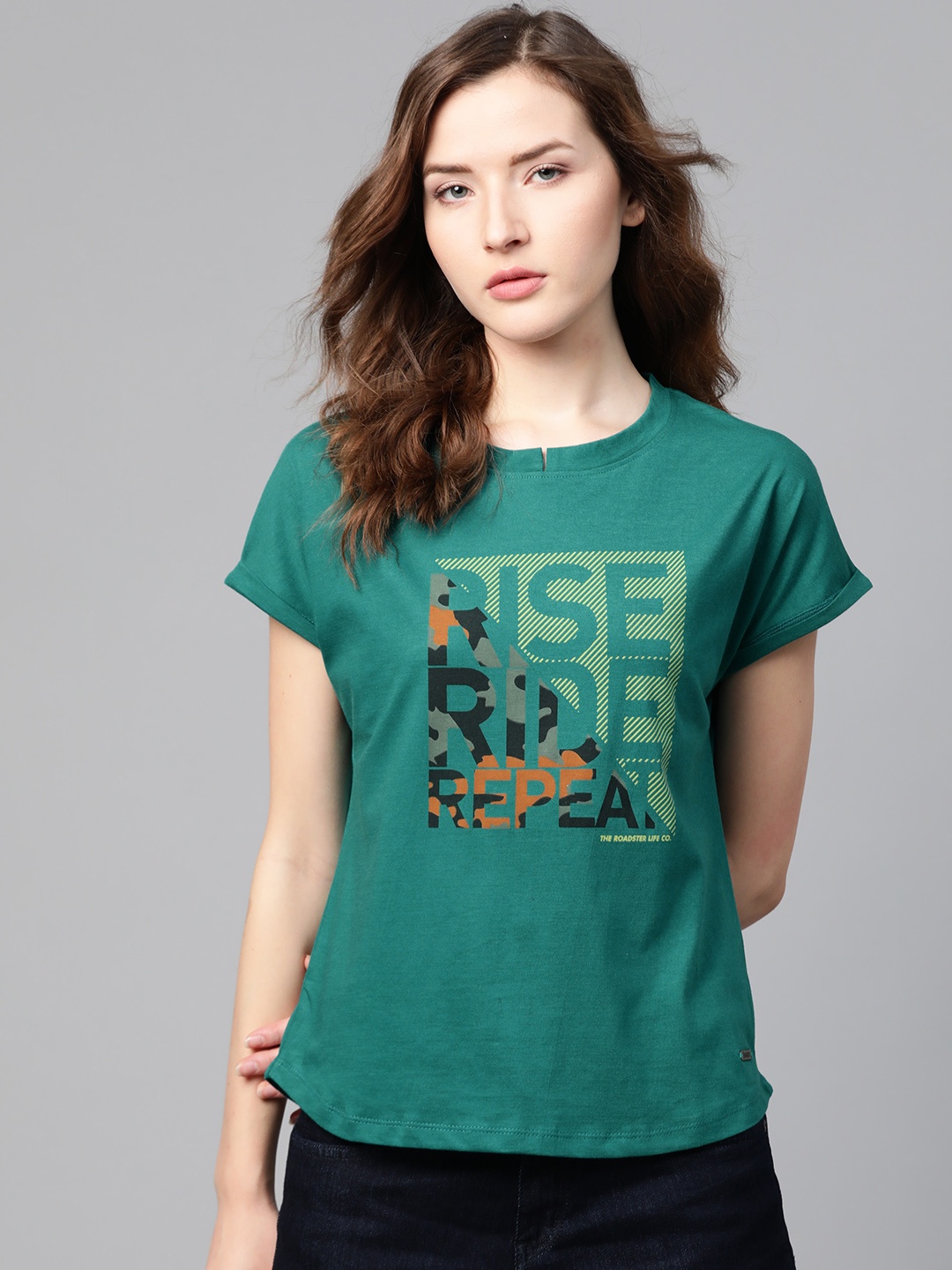 

Roadster Women Green & Yellow Printed Round Neck T-shirt