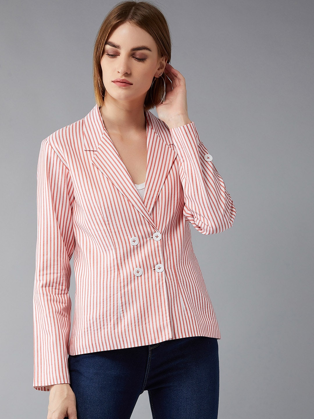 

DOLCE CRUDO Women White & Orange Striped Tailored Jacket