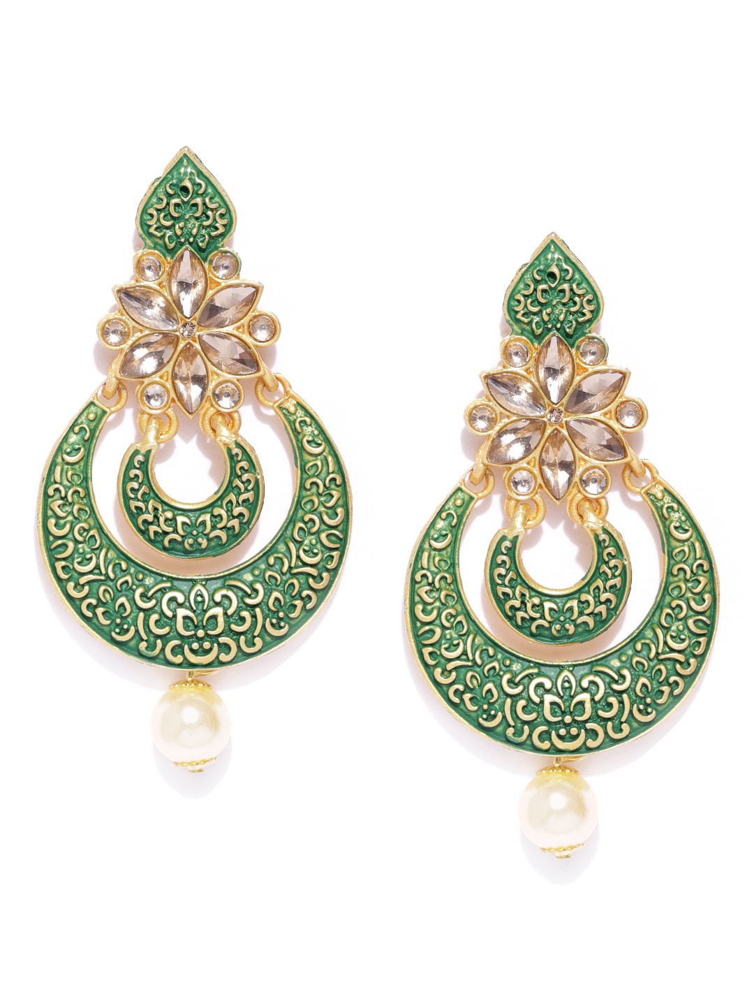 

Jewels Galaxy Green Gold-Plated Stone-Studded & Enamelled Crescent Shaped Chandbalis