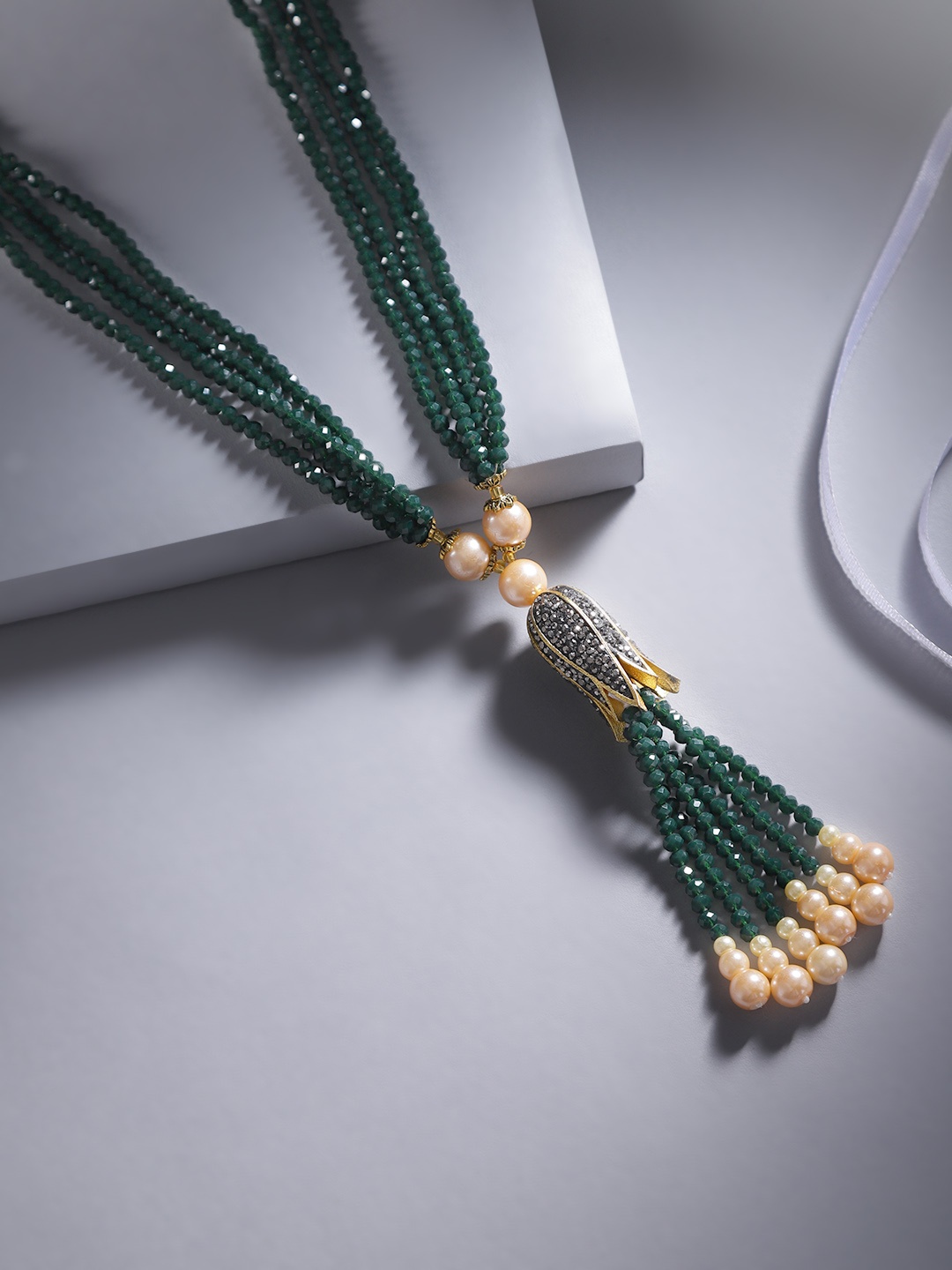 

Jewels Galaxy Green & Off-White Gold-Plated Stone Studded & Beaded Tasselled Necklace