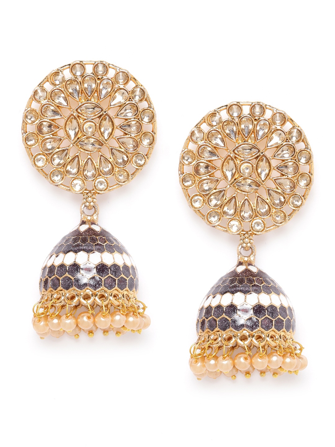 

Jewels Galaxy Coffee Brown Gold-Plated Stone-Studded Enamelled Dome-Shaped Jhumkas