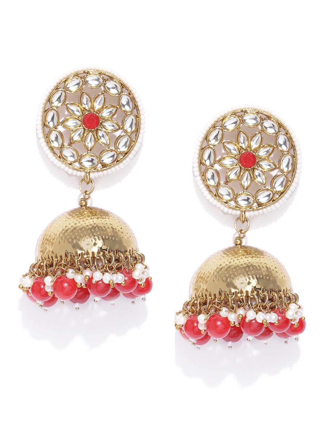 

Jewels Galaxy Red & White Antique Gold-Plated Stone-Studded & Beaded Dome Shaped Jhumkas
