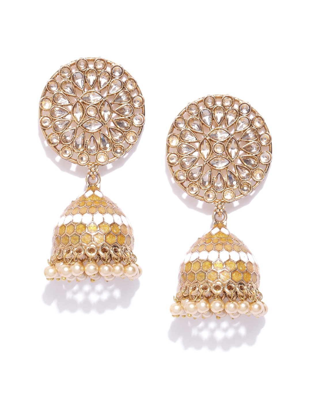 

Jewels Galaxy Mustard Yellow Antique Gold-Toned Stone-Studded Dome Shaped Jhumkas