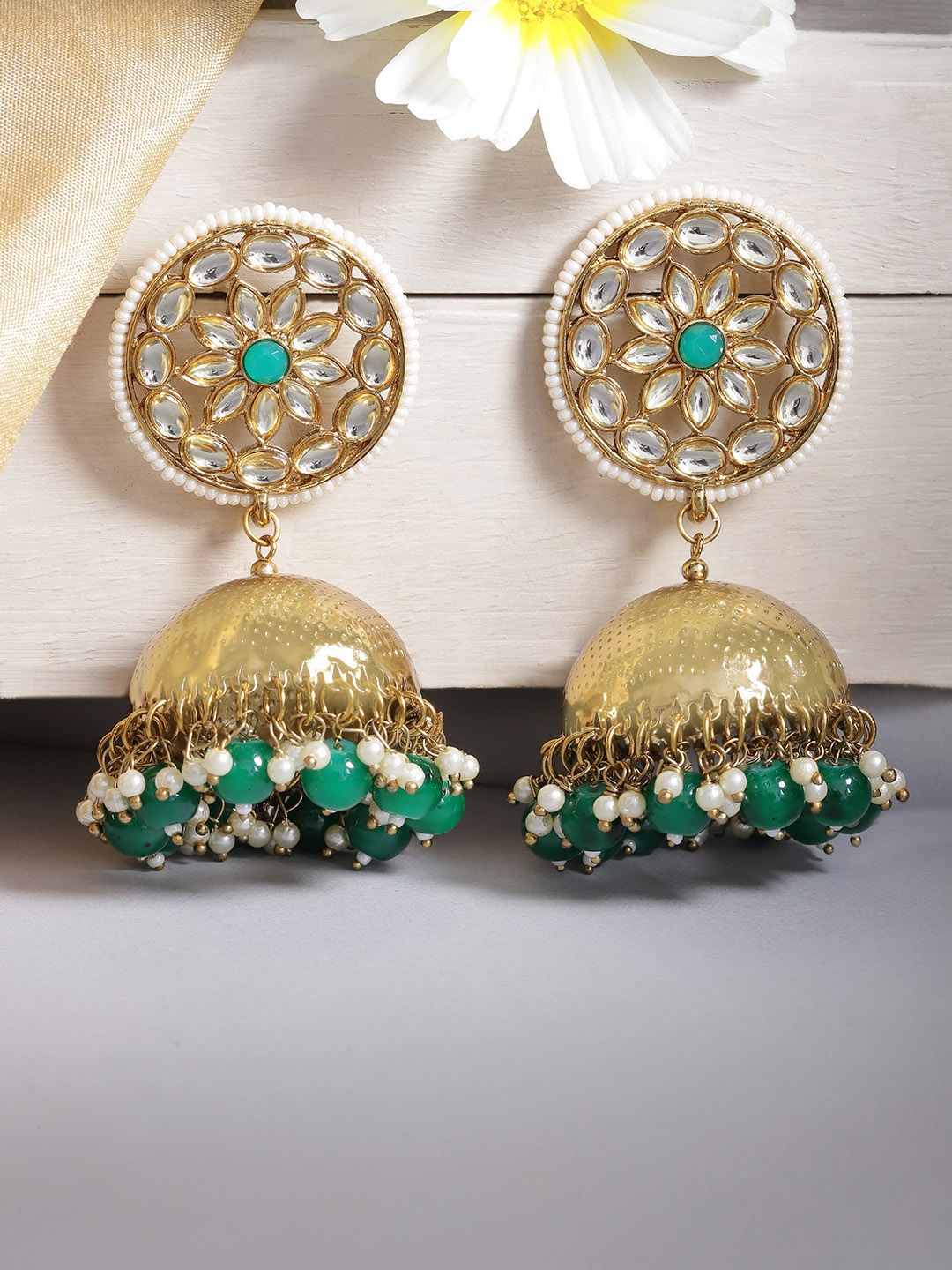 

Jewels Galaxy Green Gold Plated Stone Studded & Beaded Dome Shaped Jhumkas