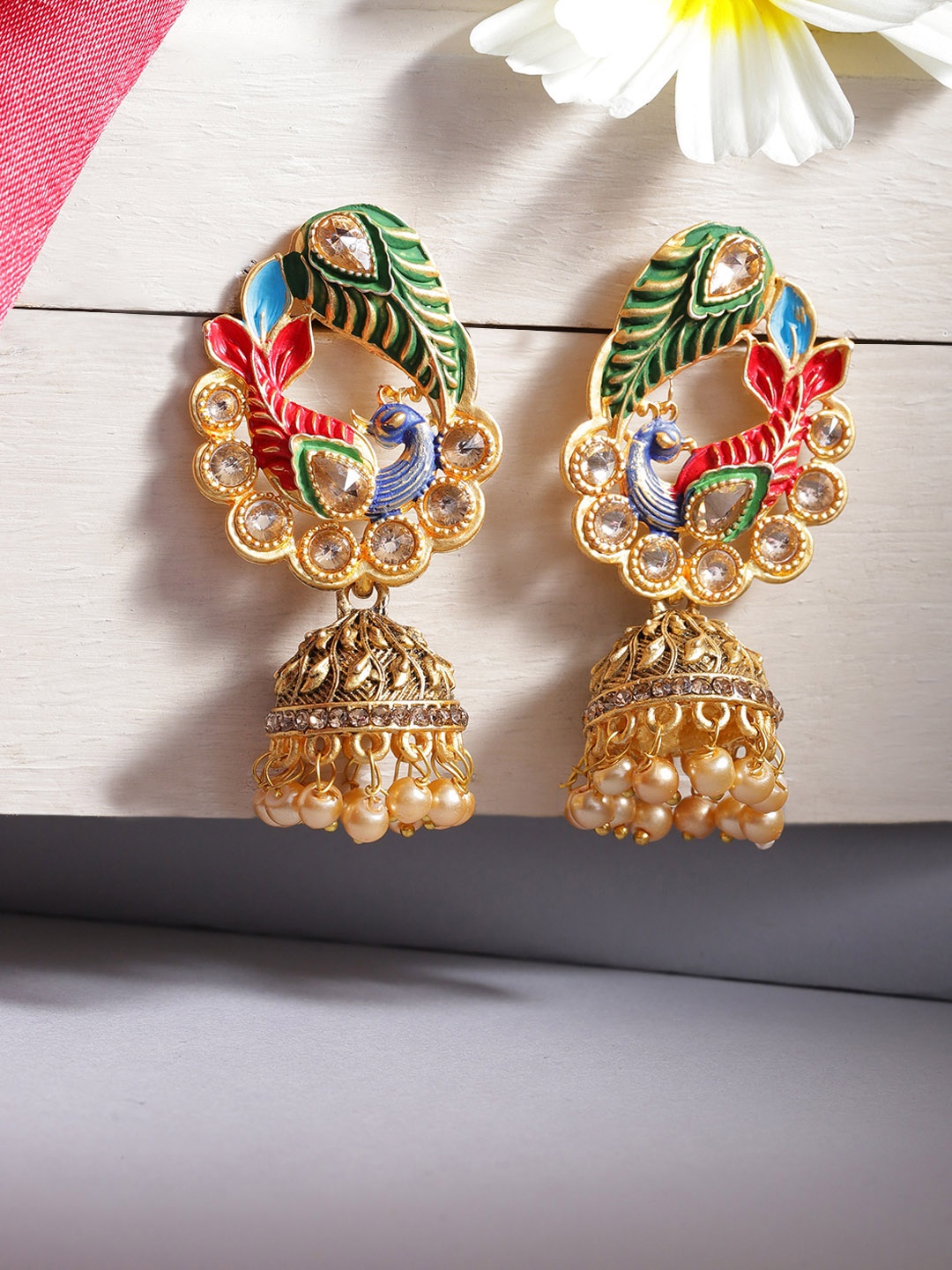 

Jewels Galaxy Green & Red Gold Plated Enamelled Peacock Shaped Jhumkas