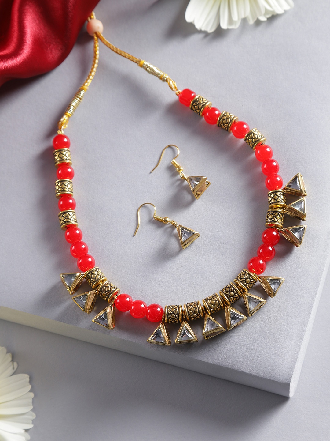 

Jewels Galaxy Red Gold-Plated Stone-Studded Beaded Jewellery Set
