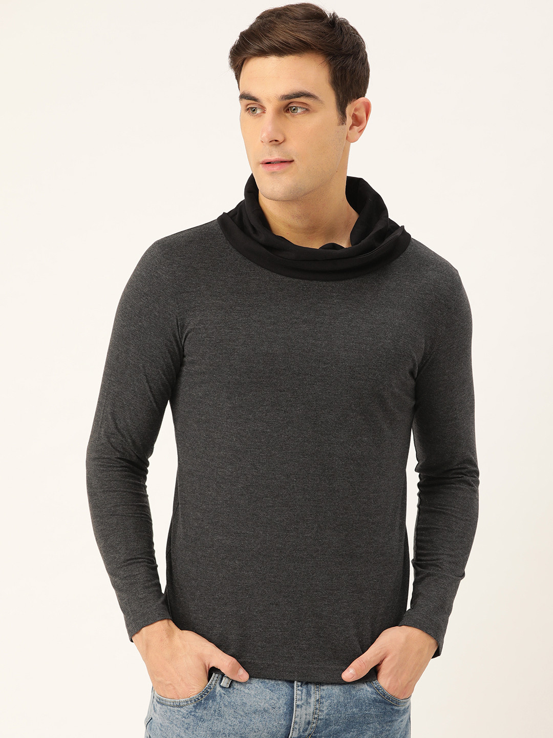 

Seven Rocks Men Charcoal Grey Solid Cowl Neck T-shirt