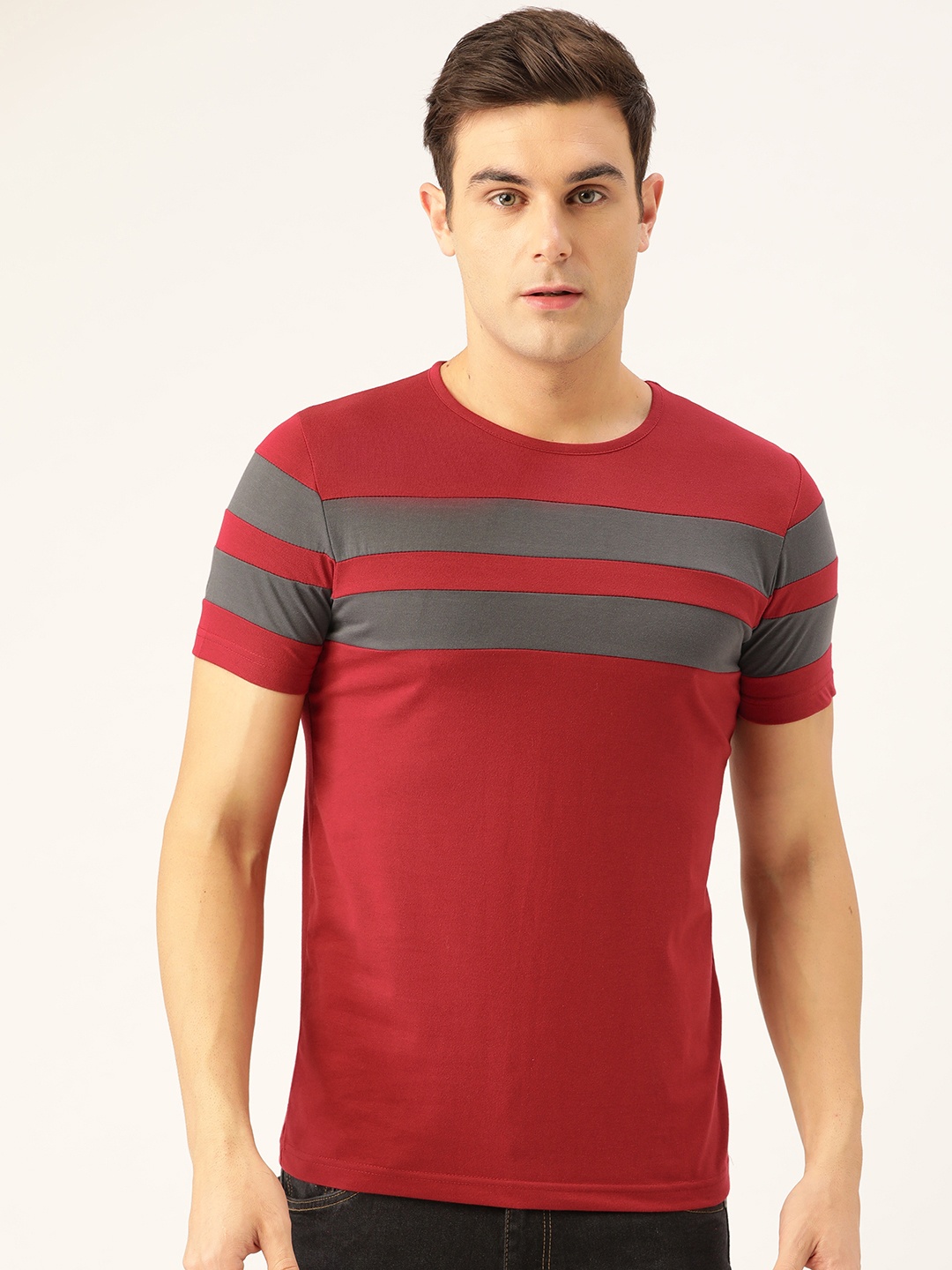 

Seven Rocks Men Red & Charcoal Grey Striped Round Neck T-shirt