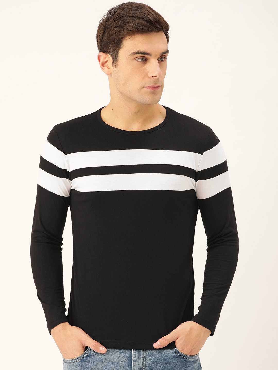 

Seven Rocks Men Black & White Striped Detailed Round Neck T-shirt