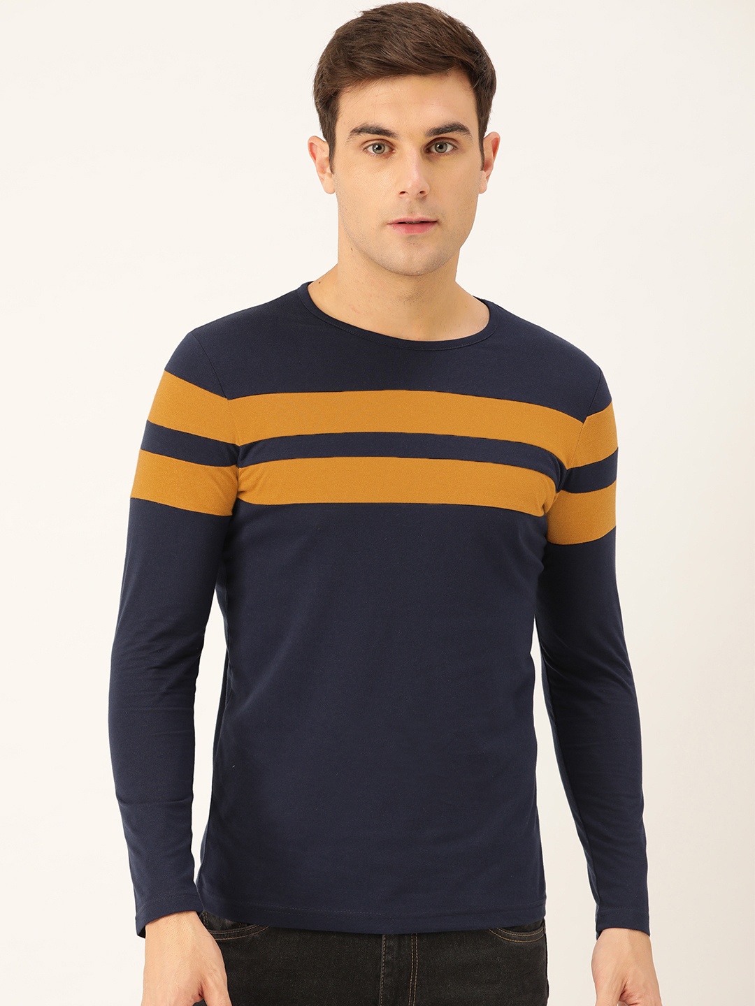 

Seven Rocks Men Navy Blue & Mustard Brown Striped Round Neck T-shirt