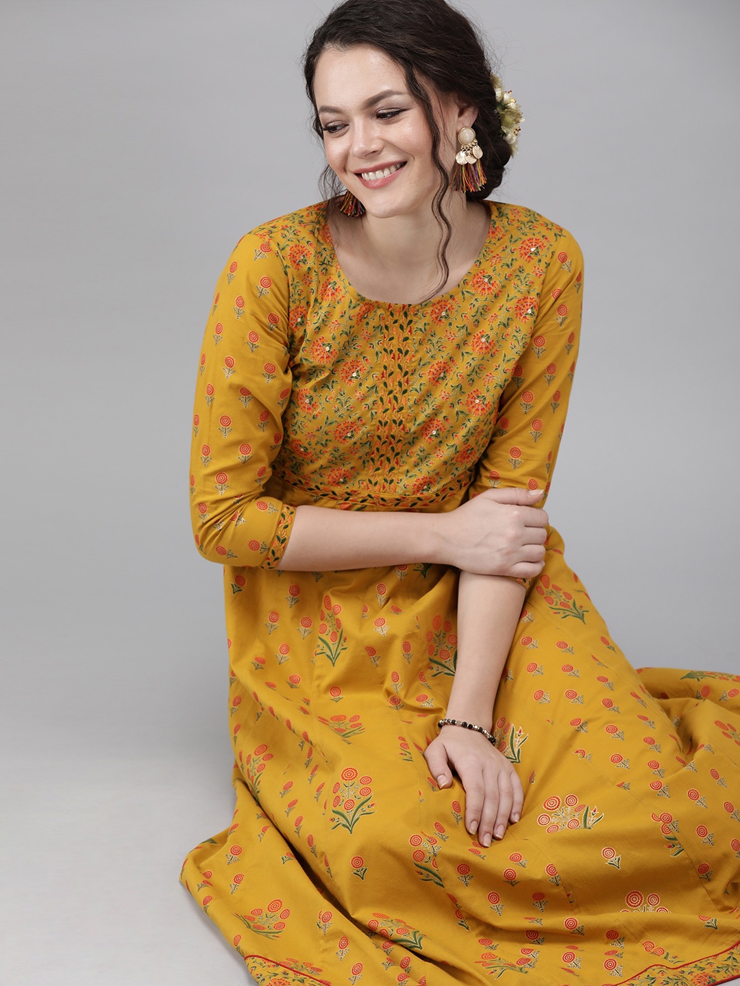 

Yufta Women Mustard Yellow & Green Printed A-Line Panelled Kurta