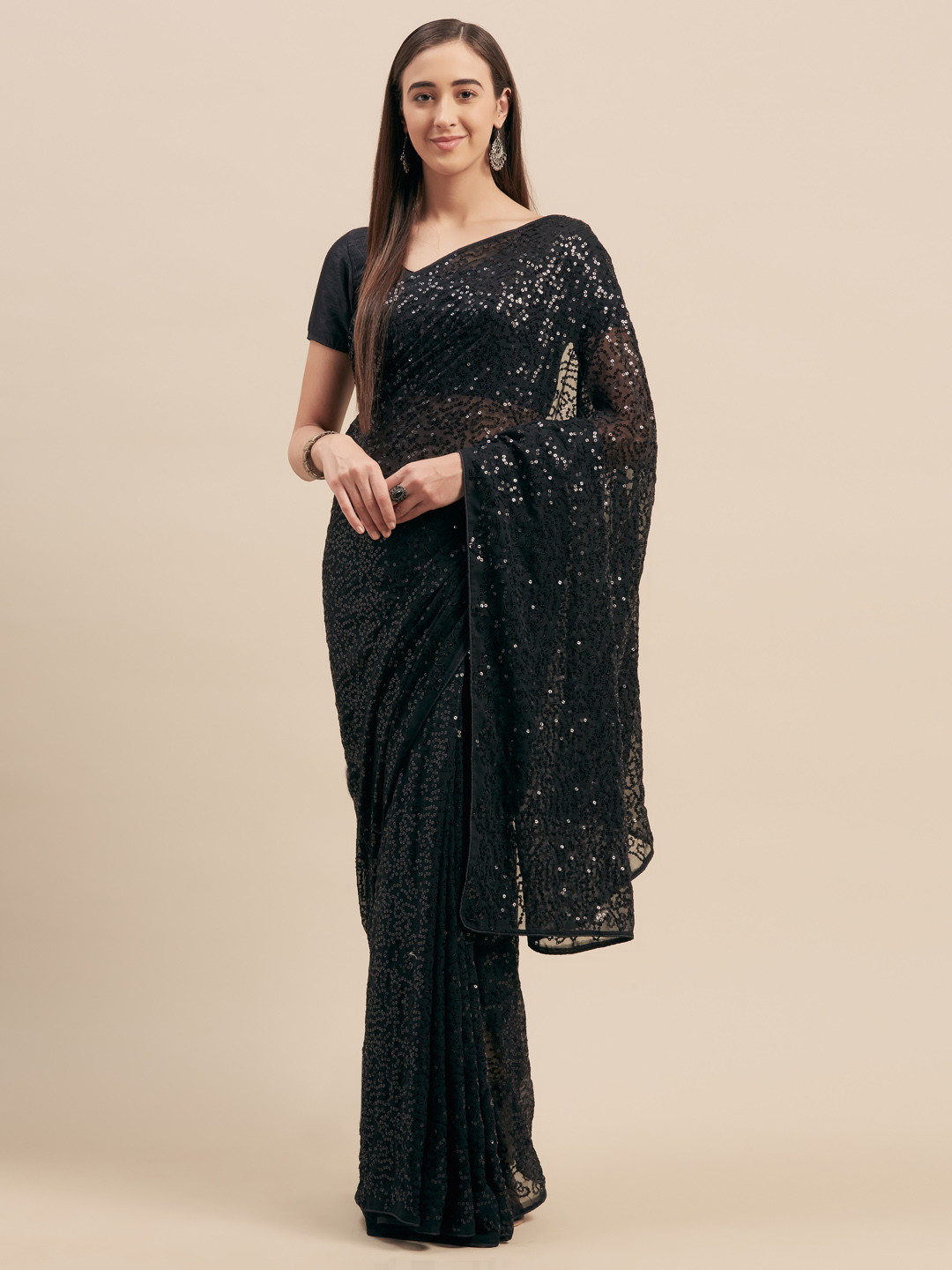 

Tikhi Imli Sequins Embroidered Saree, Black