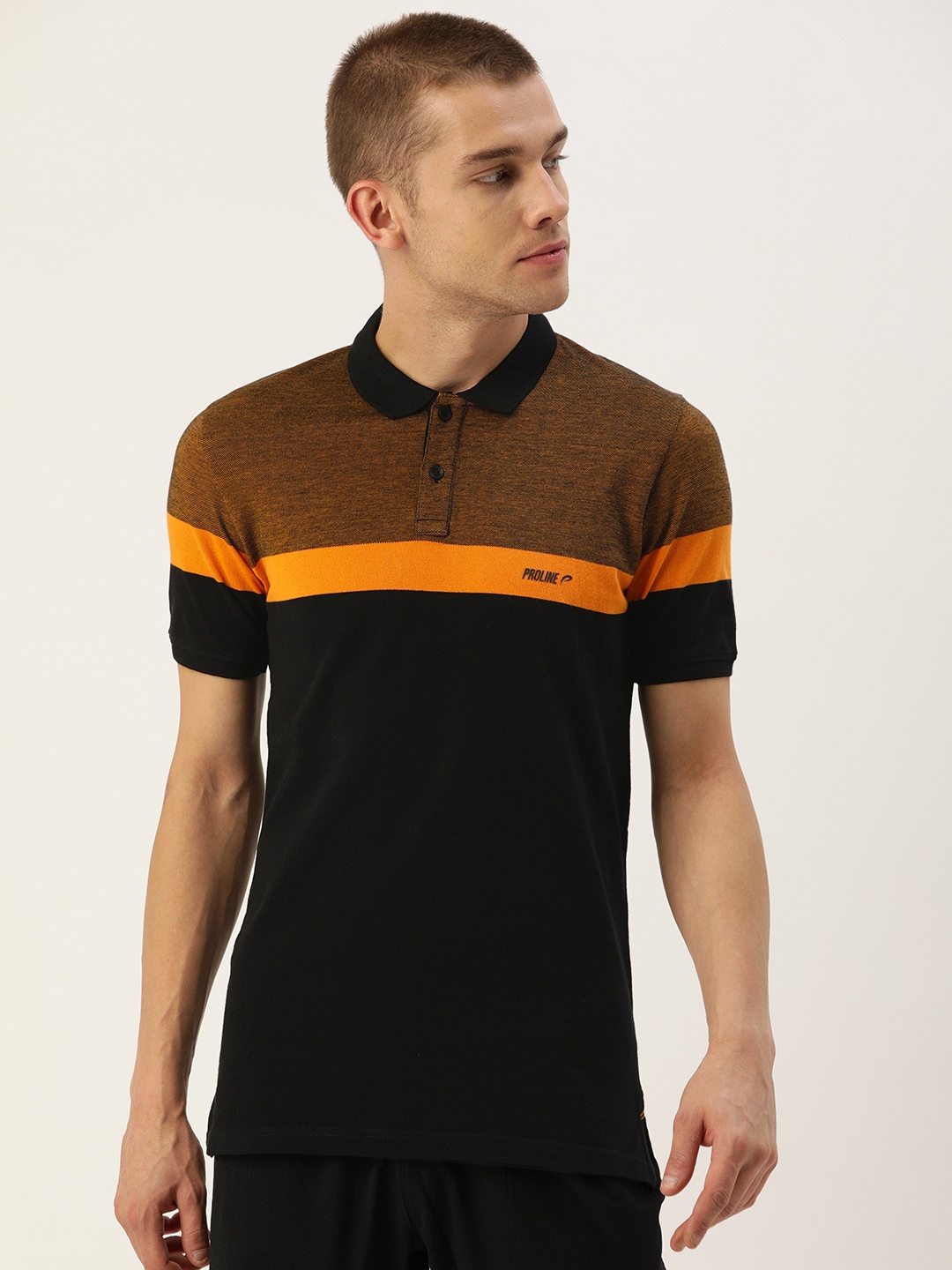 

Proline Active Men Black Orange Colourblocked Polo Collar Pure Cotton T-shirt