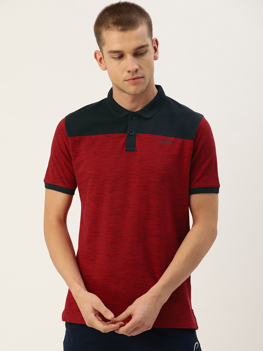 

Proline Active Men Red & Navy Blue Colourblocked Polo Collar T-shirt