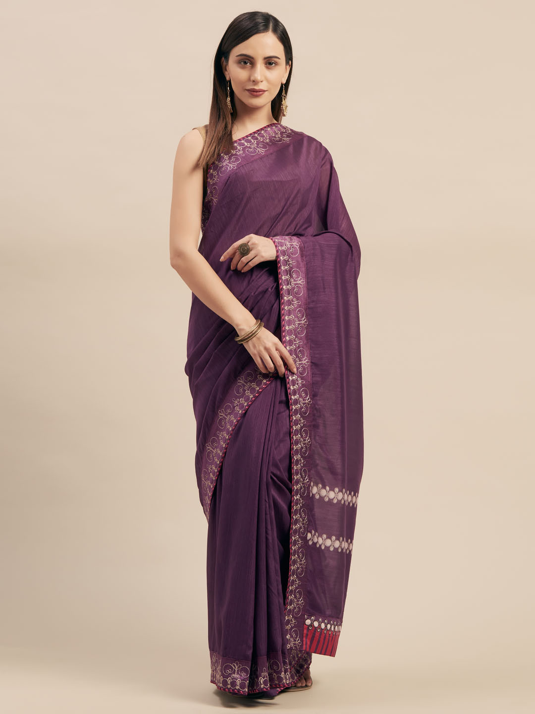 

Mitera Purple Solid Silk Blend Saree