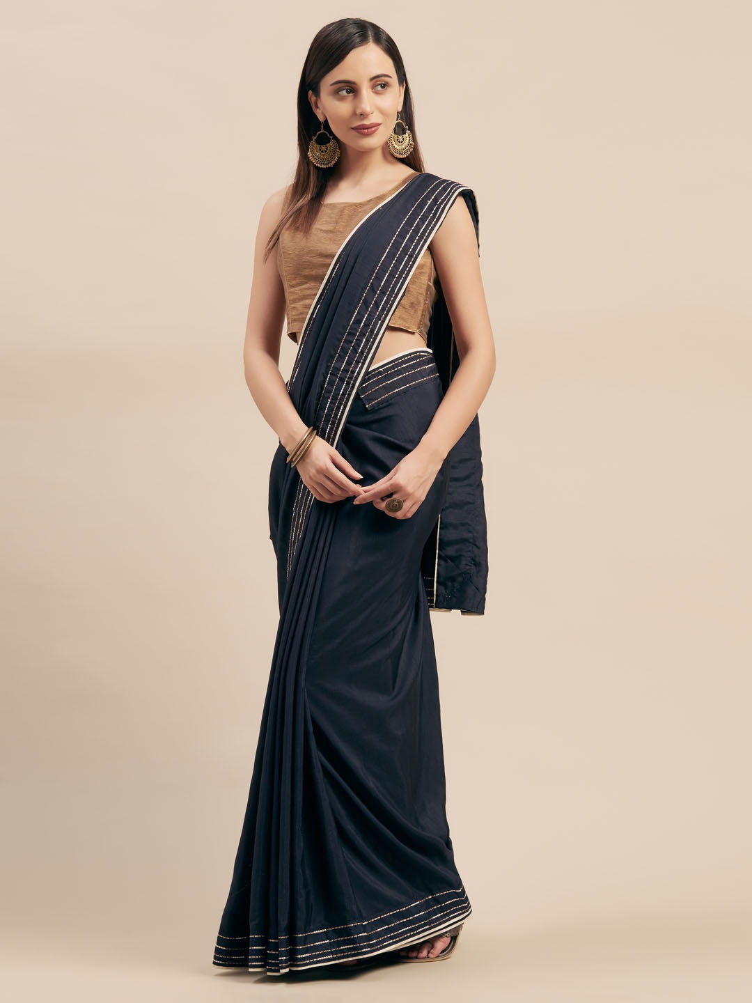 

Mitera Navy Blue Solid Silk Blend Saree