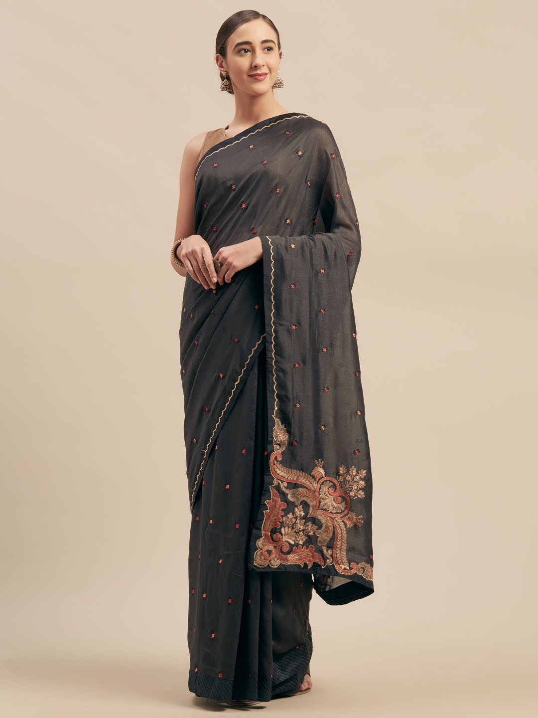 

Mitera Black Embroidered Silk Blend Saree