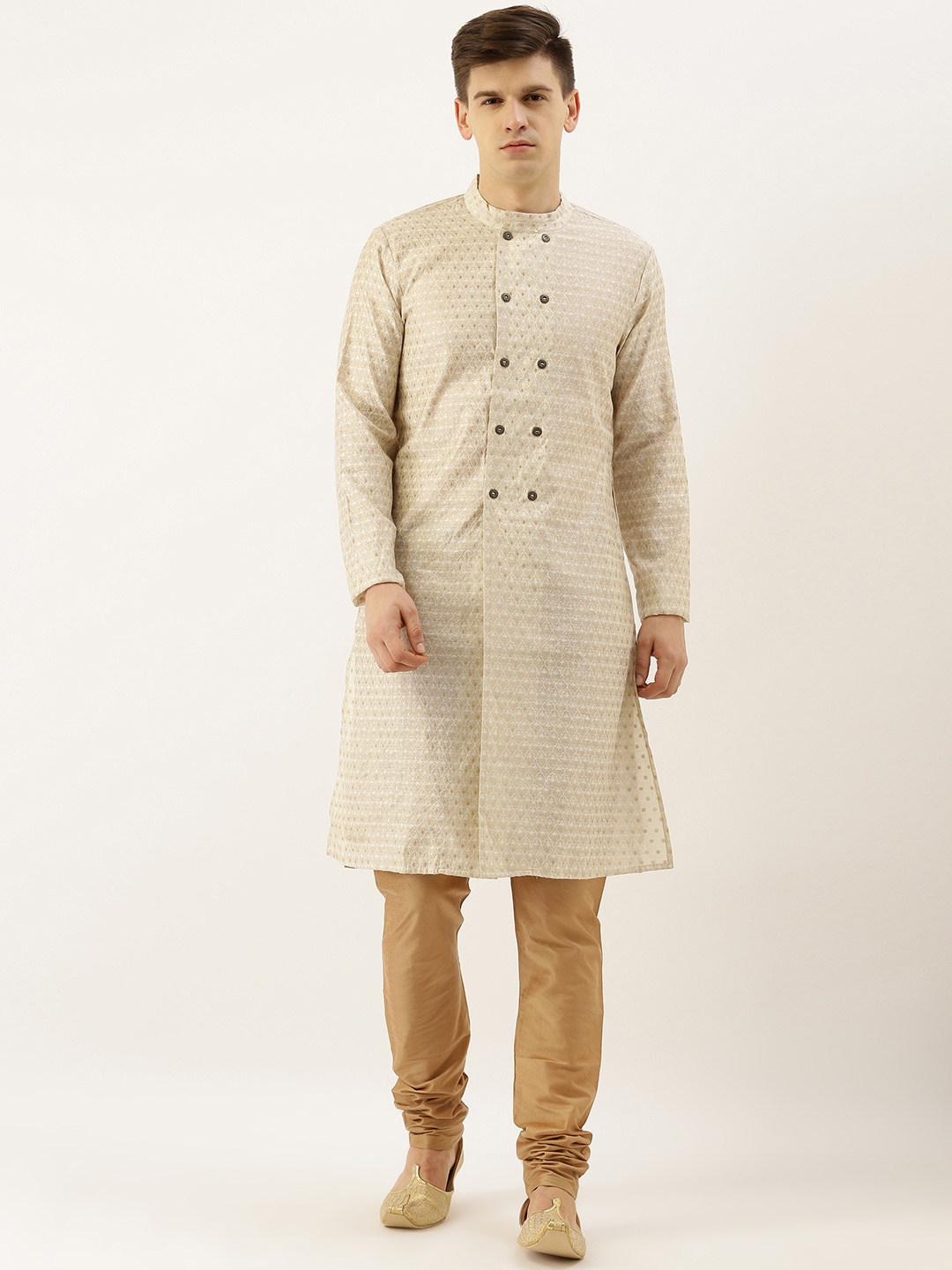 

House of Pataudi Men Beige Embroidered Straight Kurta