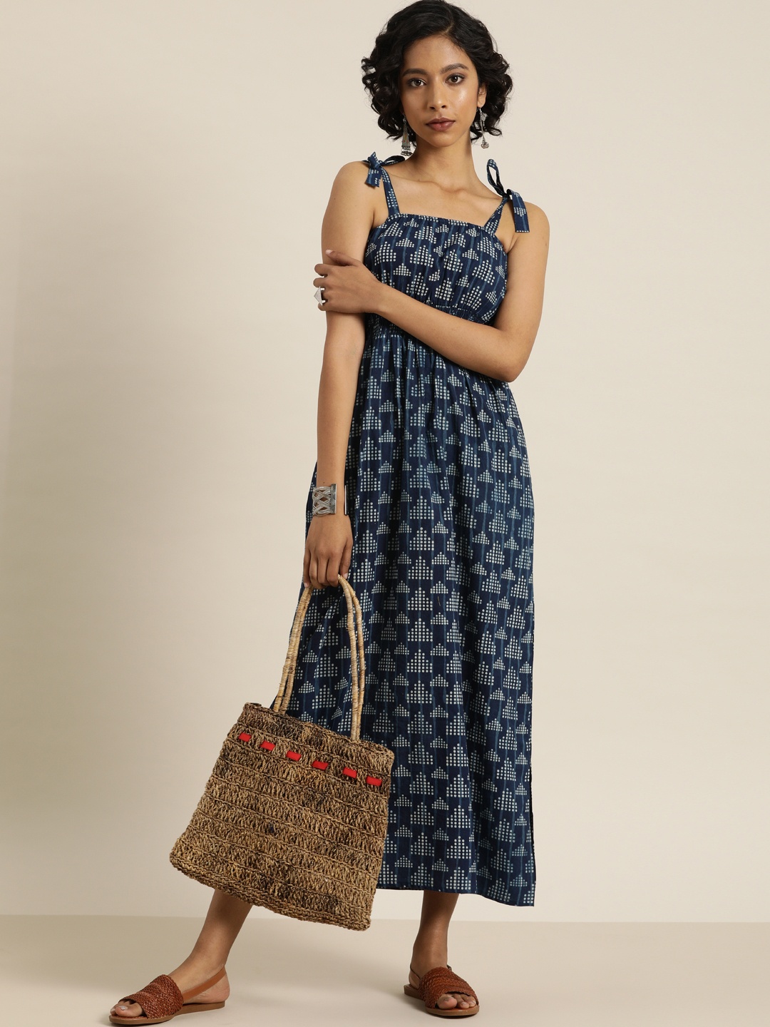 

Taavi Women Blue & White Indigo Hand Block Print Empire Sustainable Dress With Gathered Detail