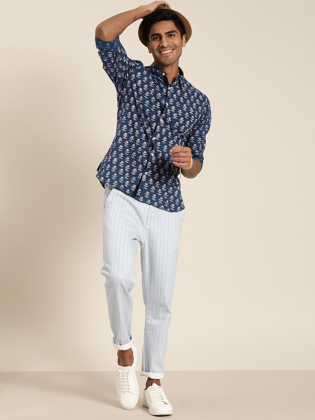 

Taavi Men Navy Blue & White Indigo Hand Block Printed Casual Sustainable Shirt with Roll-Up Sleeves