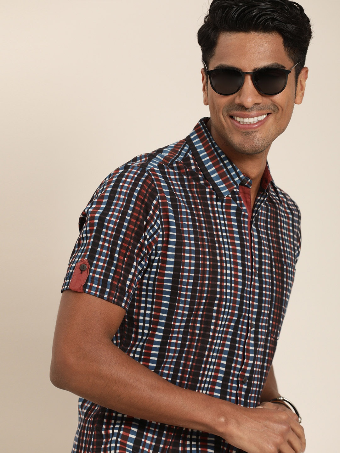 

Taavi Men Navy Blue & White Indigo Hand Block Printed Casual Sustainable Shirt With Spread Collar