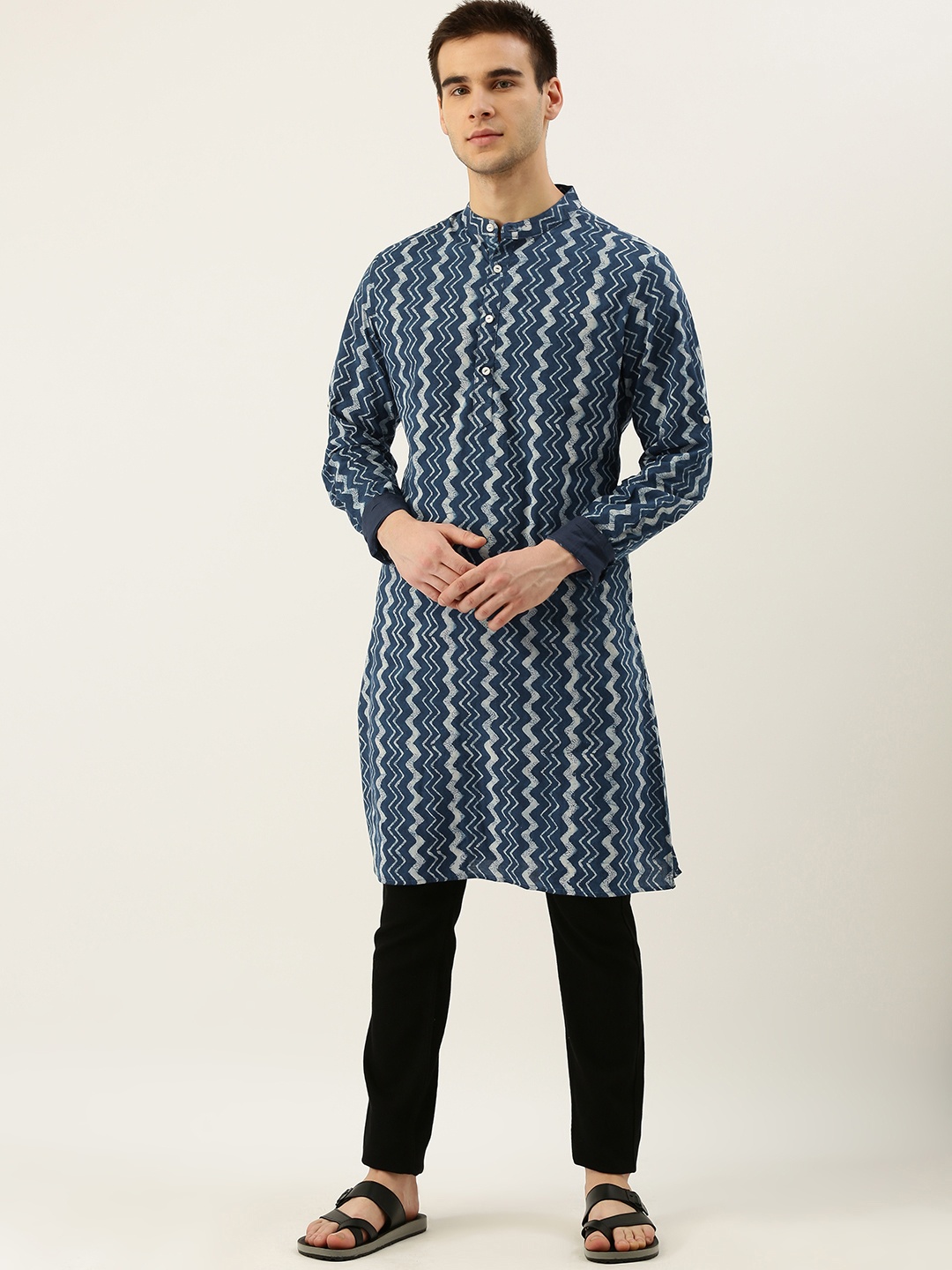 

Taavi Men Blue & Off-White Indigo Hand Block Printed Straight Sustainable Kurta with Mandarin Collar