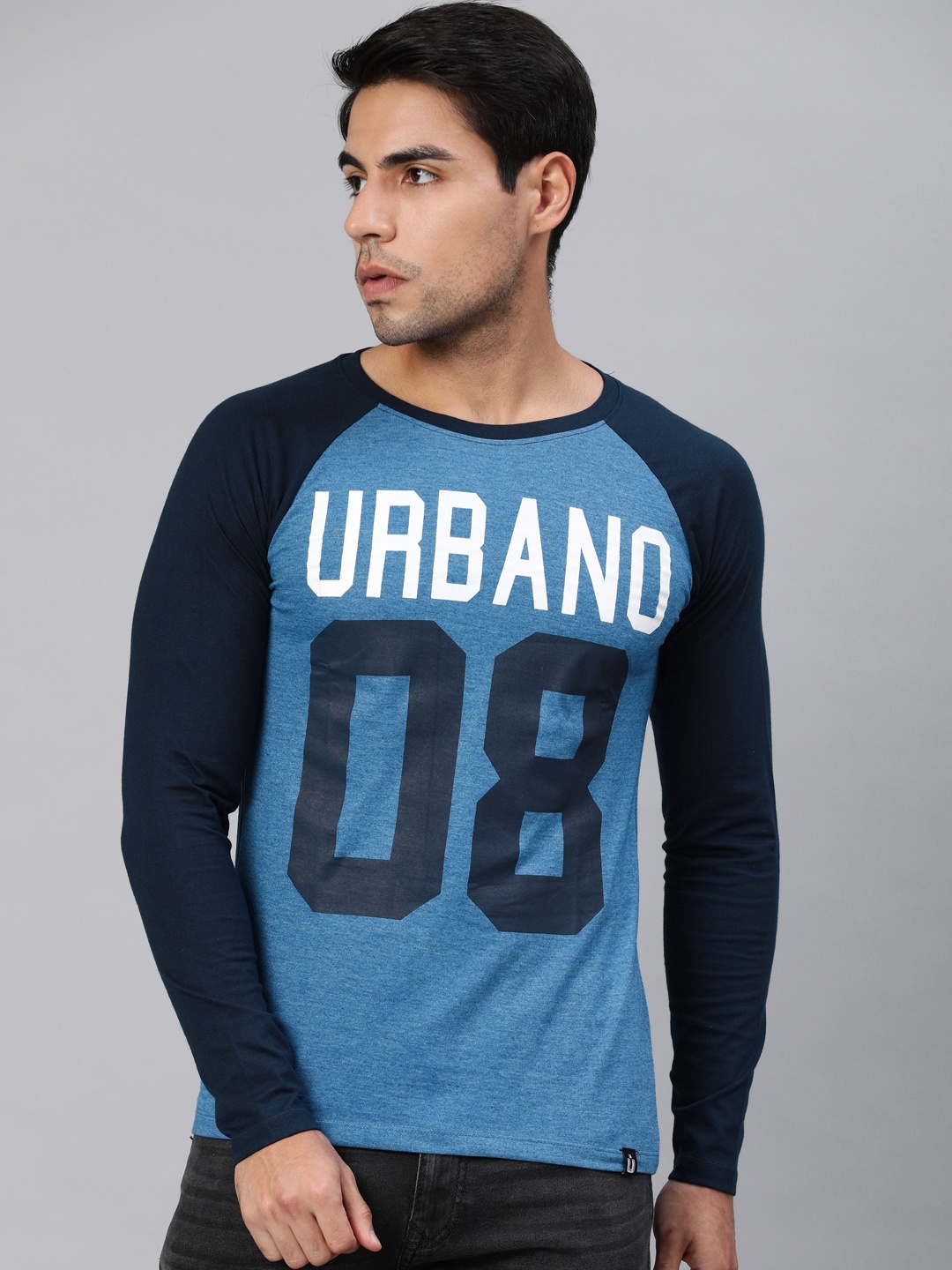 

Urbano Fashion Men Blue Slim Fit Printed Round Neck Pure Cotton T-shirt