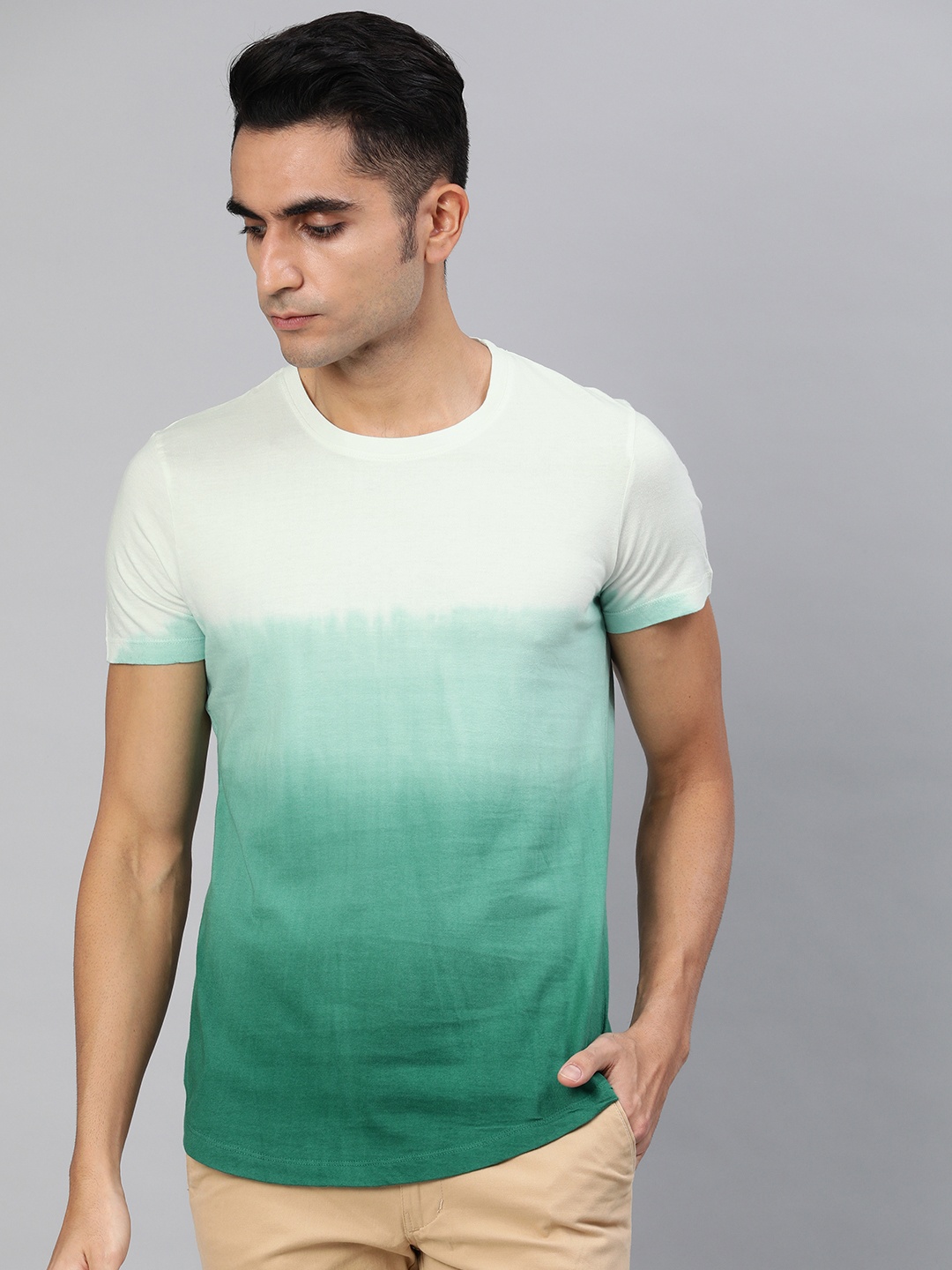 

Urbano Fashion Men Green & White Ombre Slim Fit Round Neck T-shirt