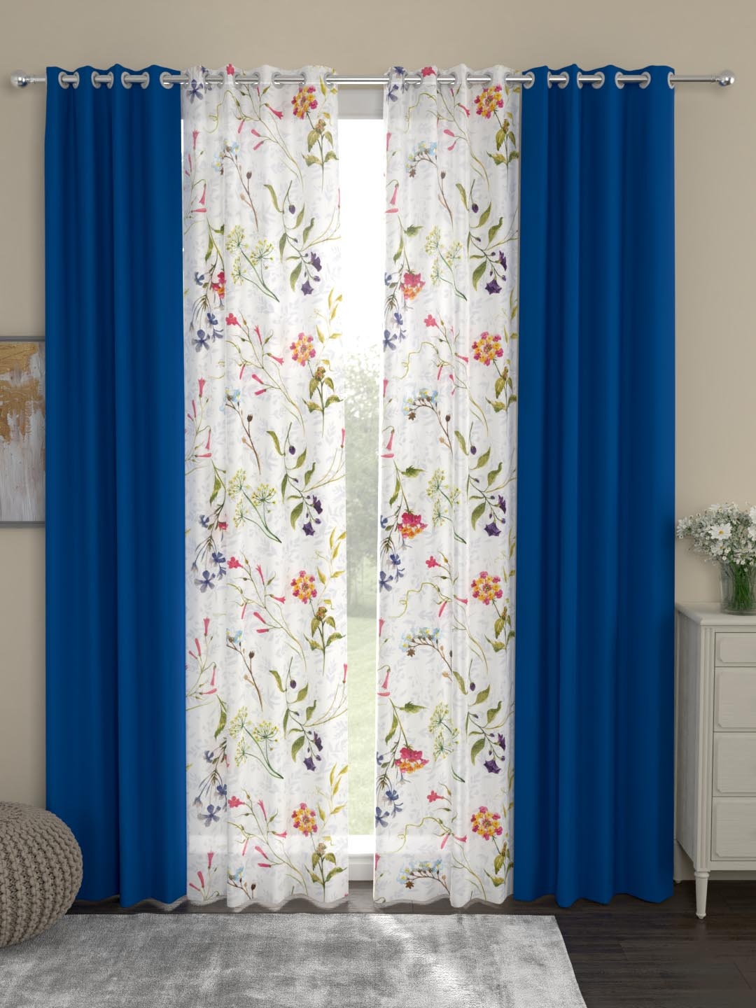 

ROSARA HOME Blue & White Set of 4 Door Curtains