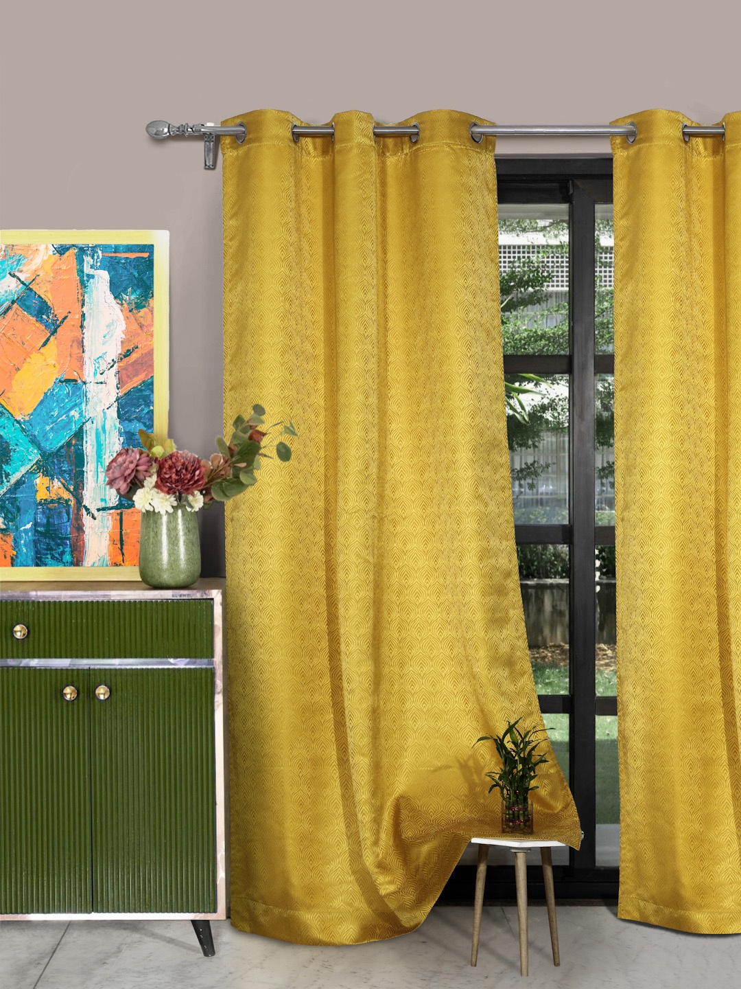 

ROSARA HOME Set of 2 Mustard Yellow Jacquard Long Door Curtains