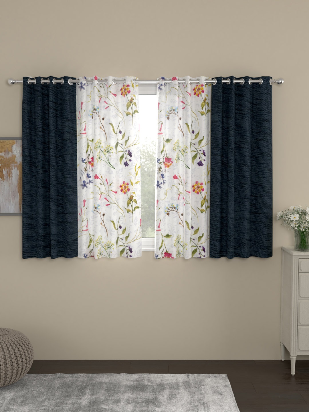

ROSARA HOME Set of 4 Navy Blue & White Window Curtains