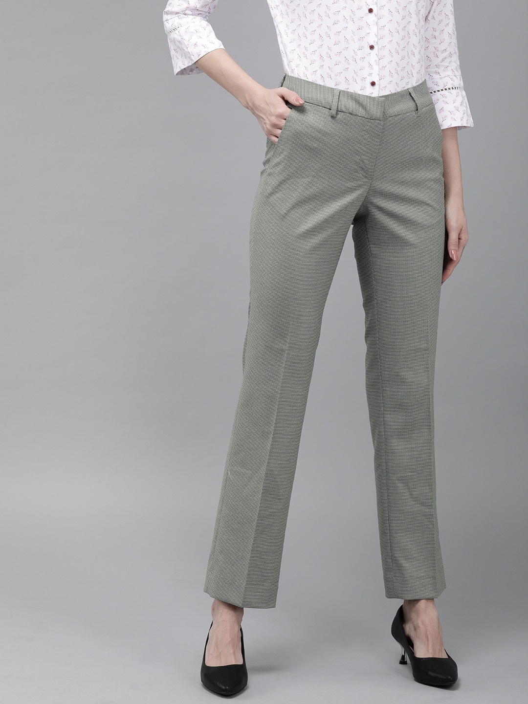 

Park Avenue Women Grey Straight Fit Self Design Formal Trousers