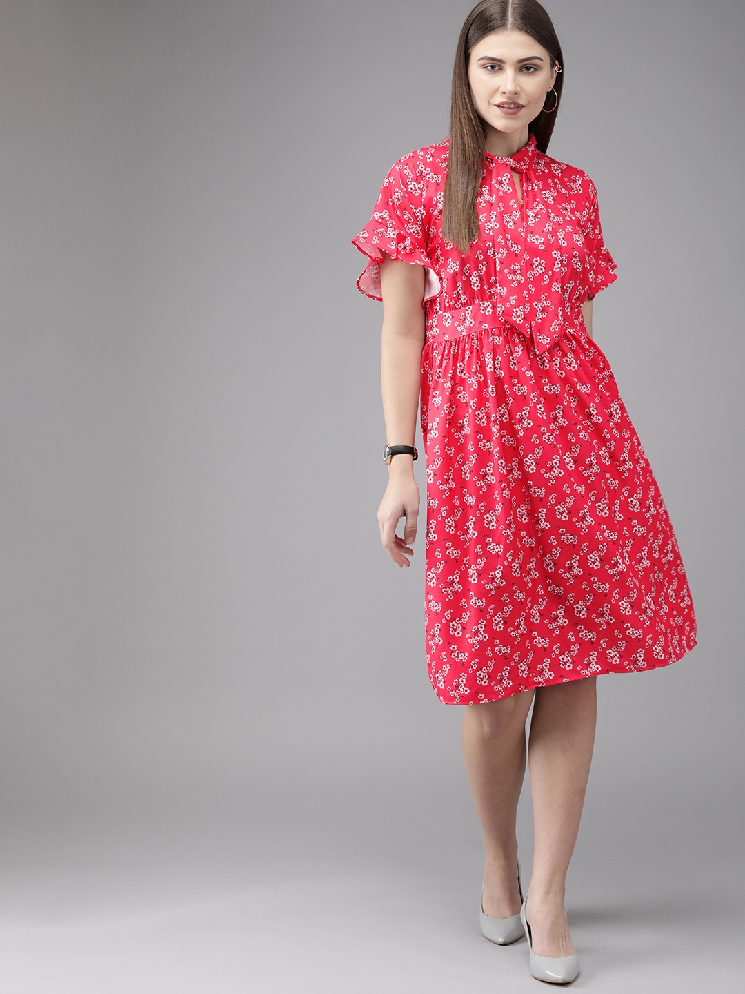 

Park Avenue Women Coral Red Floral Print A-Line Dress