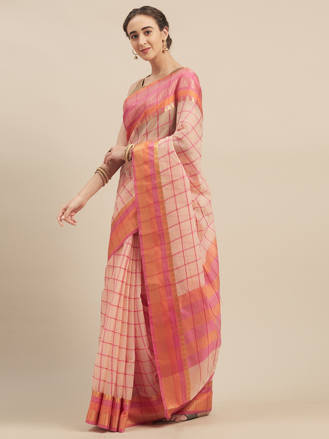 

Kvsfab Peach-Coloured & Pink Silk Cotton Checked Saree
