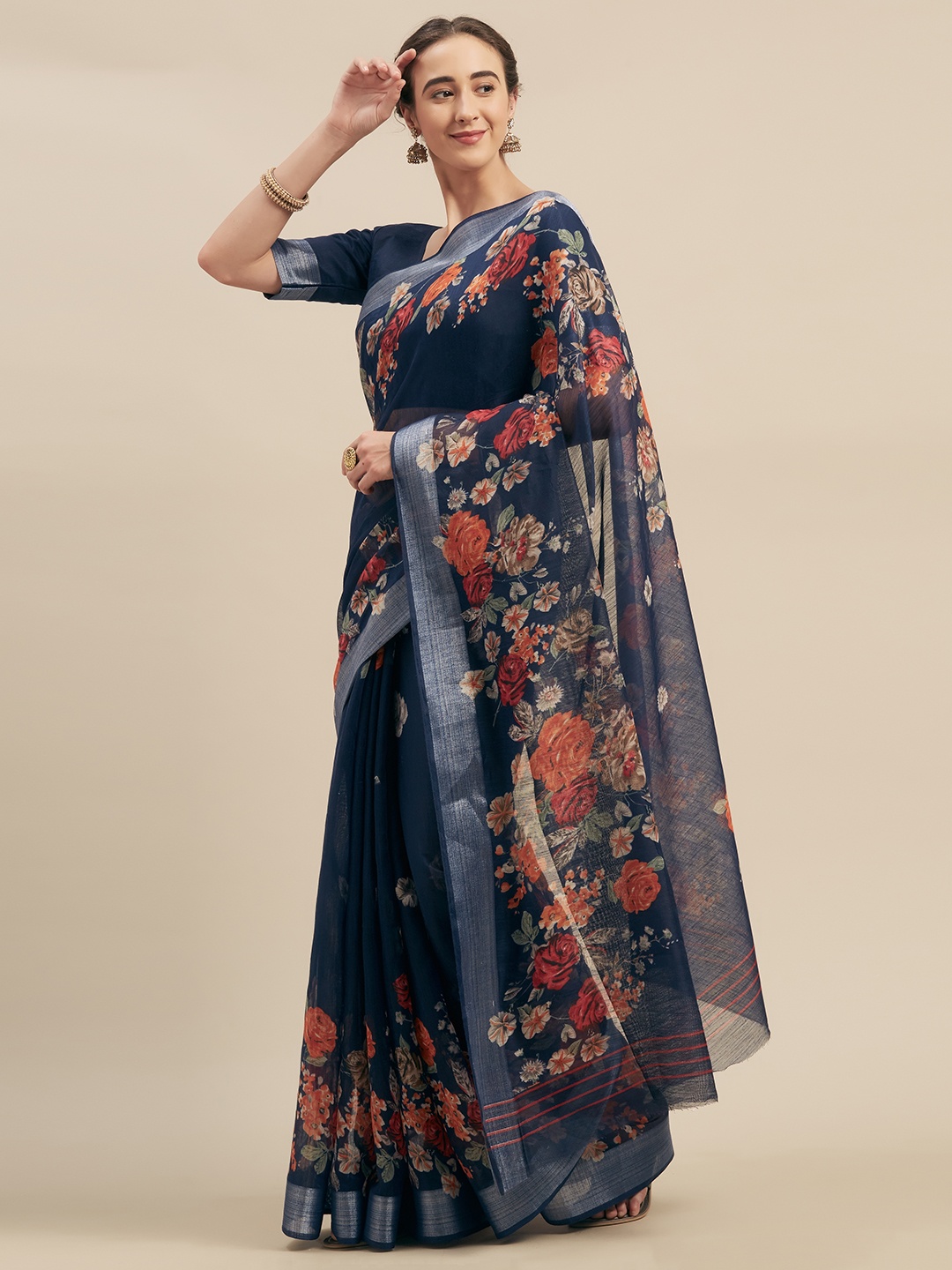 

Kvsfab Navy Blue Printed Pure Linen Saree