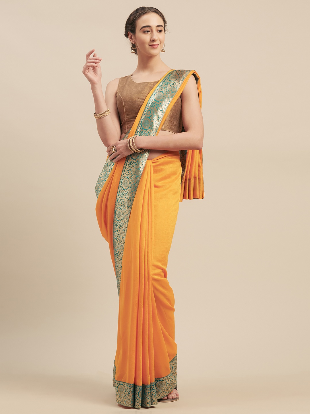 

Kvsfab Yellow & Sea Green Pure Georgette Solid Saree