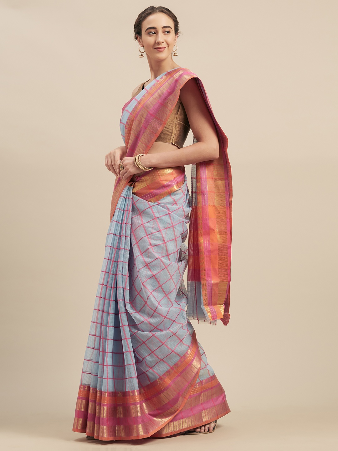 

Kvsfab Blue & Pink Silk Cotton Checked Saree