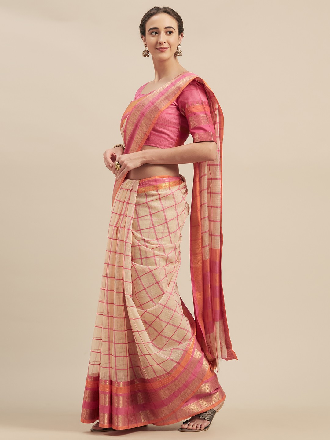 

Kvsfab Yellow & Pink Silk Cotton Checked Saree