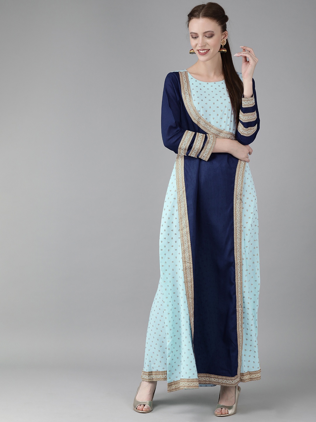 

Ahalyaa Turquoise Blue & Gold-Toned Printed Layered Maxi Dress