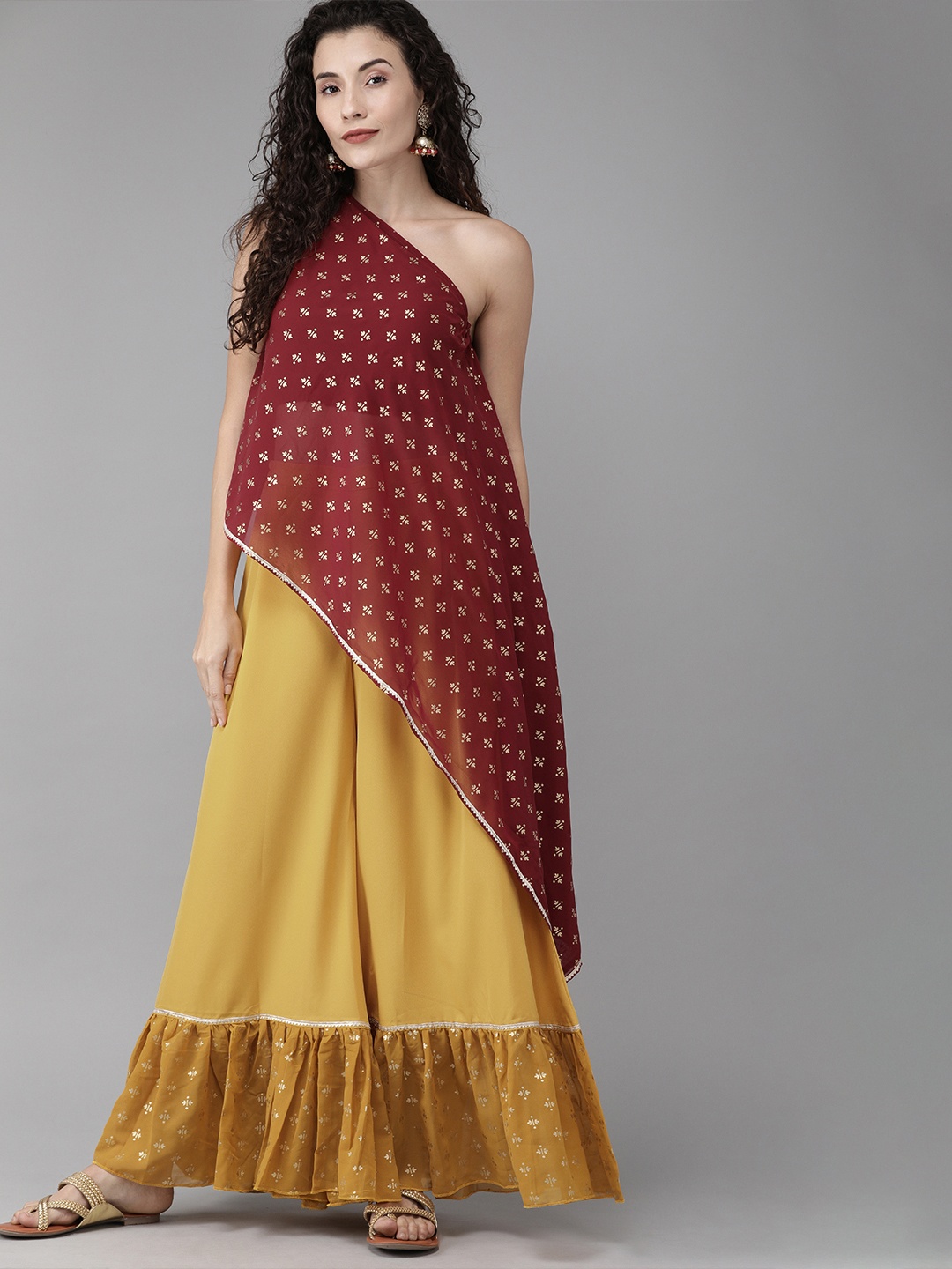 

Ahalyaa Women Maroon & Gold-Toned Printed Top with Palazzos