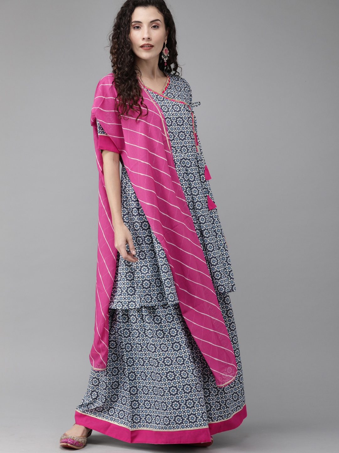 

Ahalyaa Women Blue & White Printed Kurti with Palazzos & Dupatta