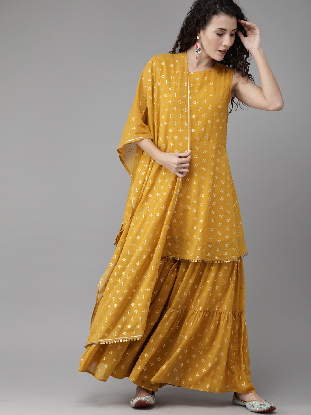 

Ahalyaa Women Mustard Yellow & Gold-Toned Printed Kurti with Sharara & Dupatta