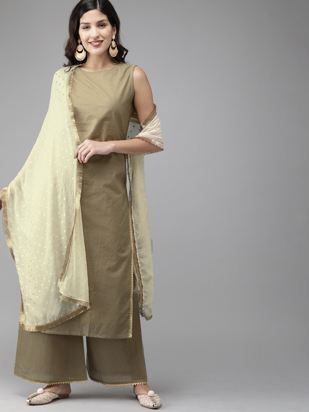 

Ahalyaa Women Beige & Golden Printed Kurta with Palazzos & Dupatta