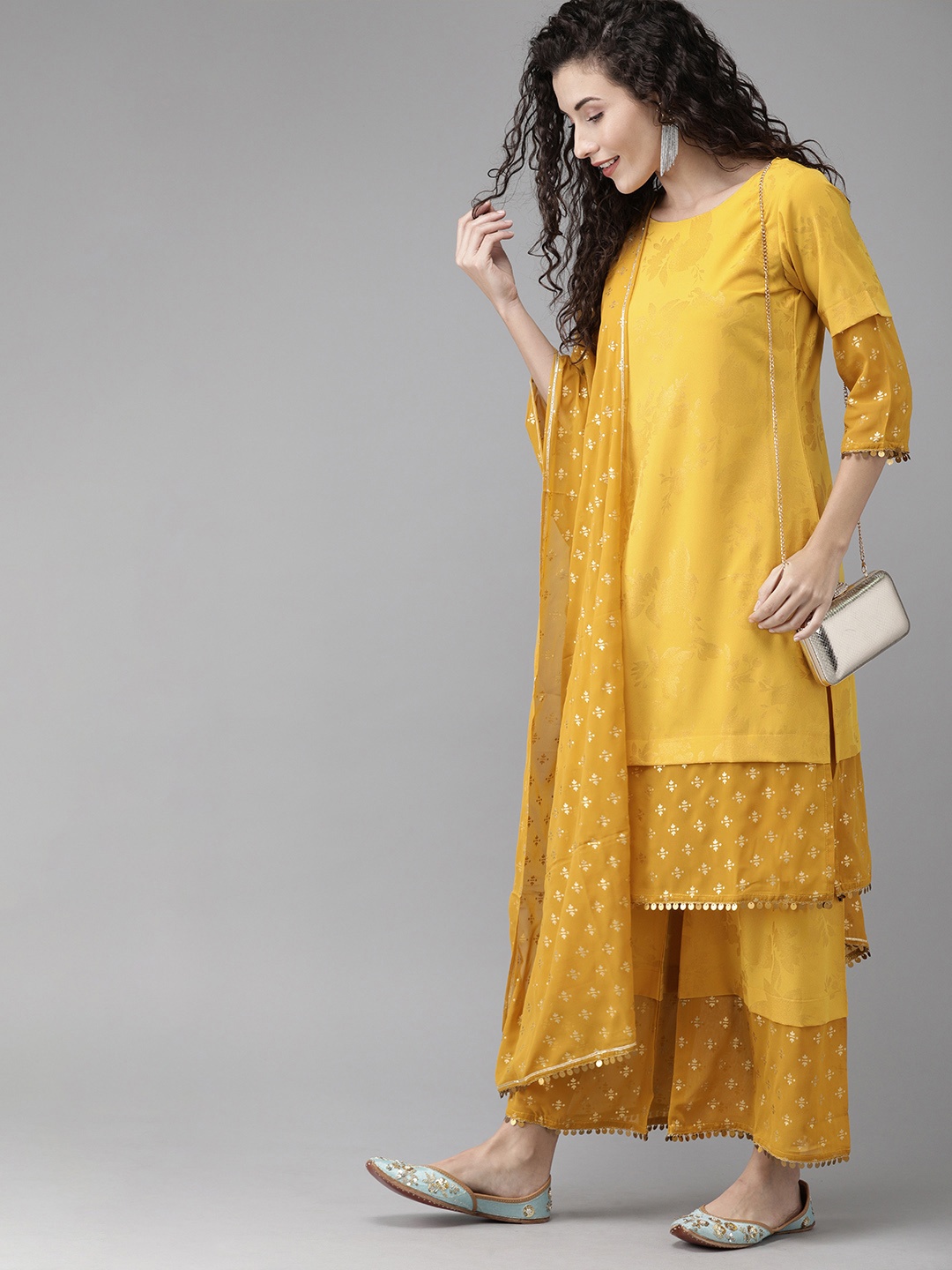 

Ahalyaa Women Mustard Yellow & Golden Printed Layered Kurta with Palazzos & Dupatta