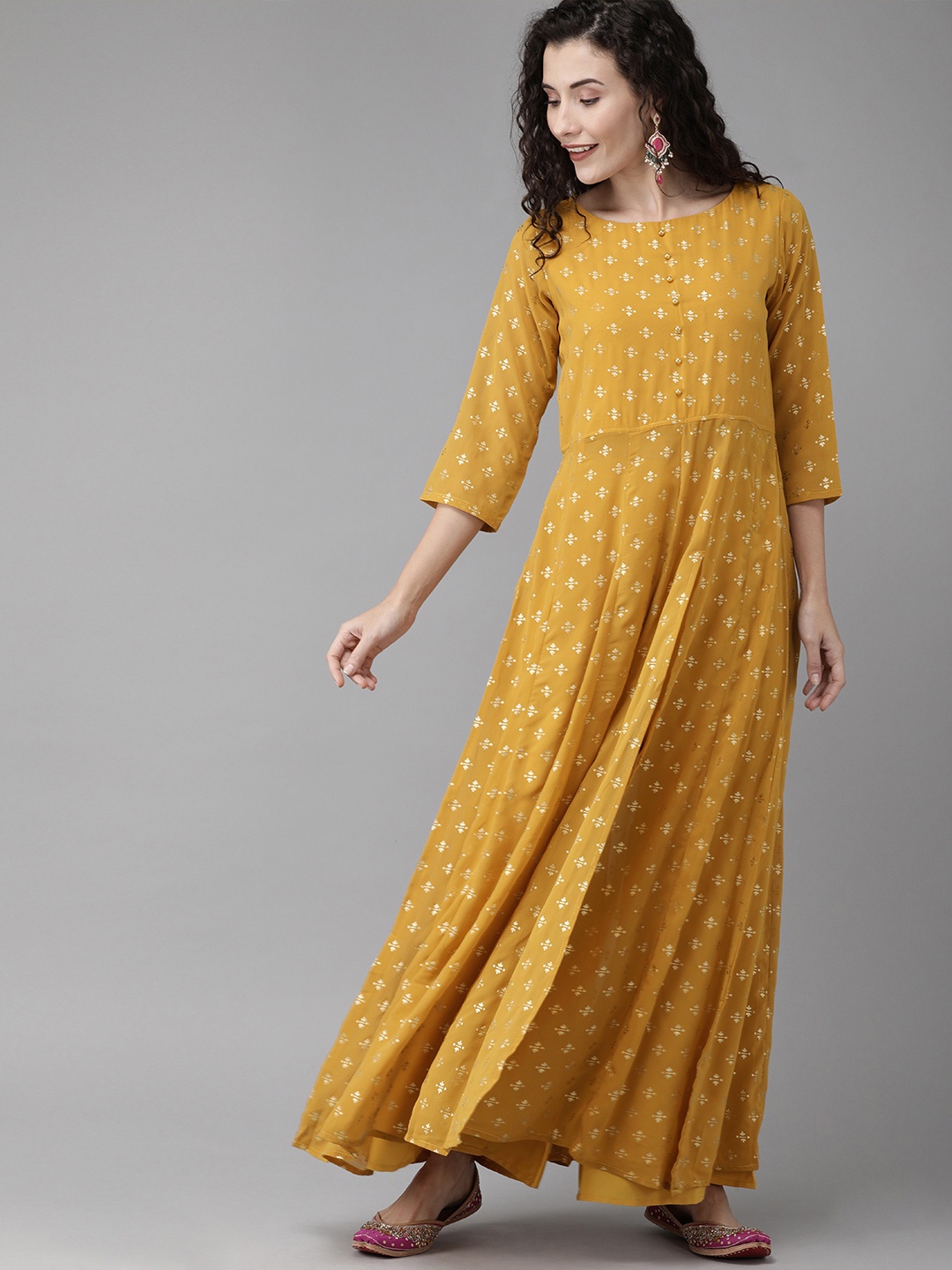 

Ahalyaa Women Mustard Yellow & Gold-Toned Printed Kurta with Palazzos