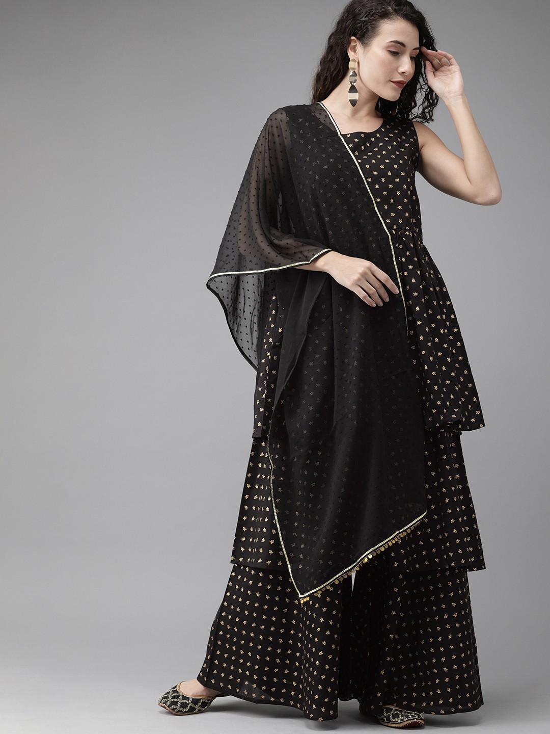 

Ahalyaa Women Black Ethnic Motifs Printed Pleated Sequinned Pure Cotton Kurta with Sharara & With Dupatta